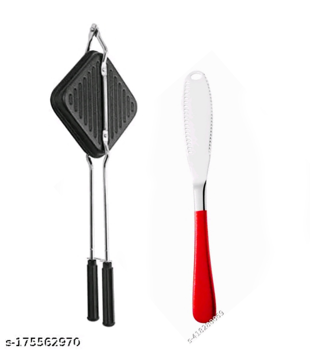 Non-Stick Gas Toaster Sandwich Maker | Regular Grill Sandwich Maker - Black and Steel Roti Chimta (Pack of 2) - Image 5