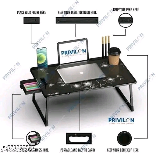 Foldable Wooden Mini Laptop Table for Bed, Study Table with Drawer, Tablet/Mobile Holder for Kids & Adults - Image 2