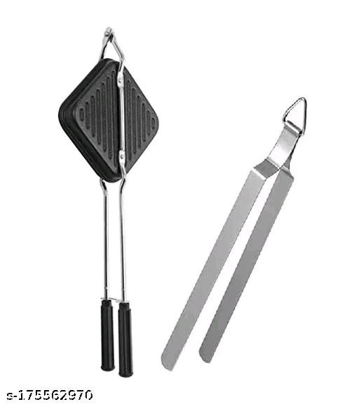 Non-Stick Gas Toaster Sandwich Maker | Regular Grill Sandwich Maker - Black and Steel Roti Chimta (Pack of 2) - Image 4