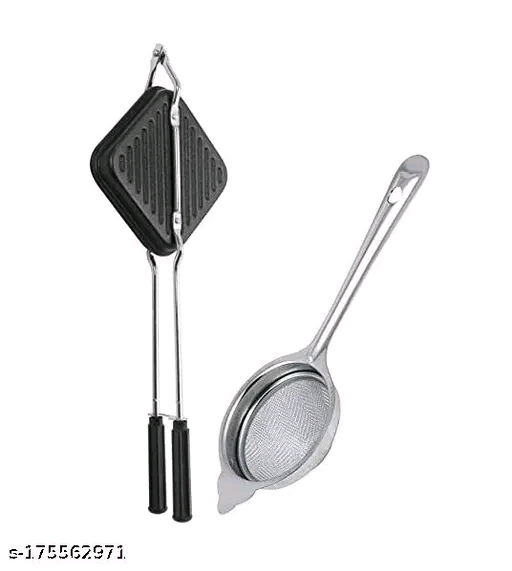 Non-Stick Gas Toaster Sandwich Maker | Regular Grill Sandwich Maker - Black and Steel Roti Chimta (Pack of 2) - Image 2