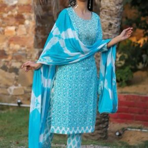 Women’s Rayon Printed Aqua Blue Kurti with Pant and Dupatta Set
