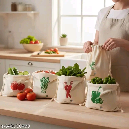 DNkitch 6 Bags 100% Cotton Fridge Drawstring Bags Eco-Friendly Natural Vegetables Storage Mesh Net for Fridge Multi-Purpose Cotton Bag - Image 5