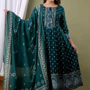 Womens Rayon Kurti With Duppata And Bottomwear 3 Pice Set