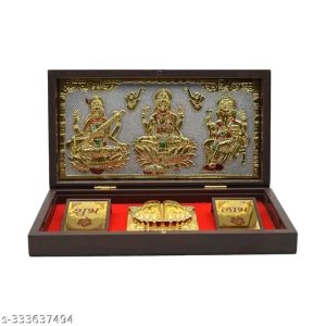 UAX Gold Plated Lakshmi Ganesh Saraswati Photo Frame with Shubh Labh Charan Paduka for Pooja Room, Return Pooja Gift Box Set