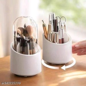 360° Rotating Cosmetic Display Case, Makeup Brush Holder Organizer, Cosmetic Brush Storage Box with Clear Acrylic Cover, Spinning Cosmetics Holders For Vanity Desktop Bathroom Countertop