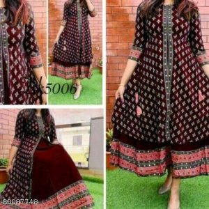 Shama Fashion Women Maroon Gold Printed Front Slit Anarkali Dress