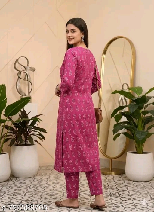 Pink Printed Cotton Straight Kurta Set for Women with Comfortable Matching Pants, Daily Wear Ethnic Suit for Office - Image 4