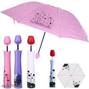 Waterproof UV Protection Mini Folding Creative Rose Flower Case Canvas Plastic Umbrella with Compact Bottle Multicolour (Pack of 1)