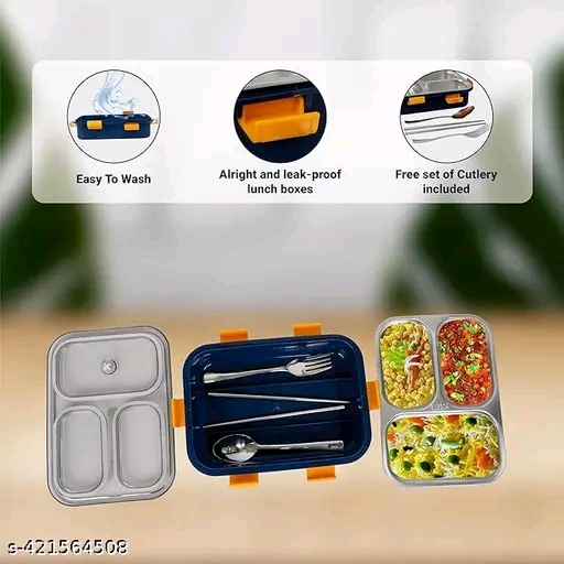 3 Compartment Stainless Steel Lunch Box, Leakage Proof Lunch Box for School Kids and Adults Pack of 1 - Image 2