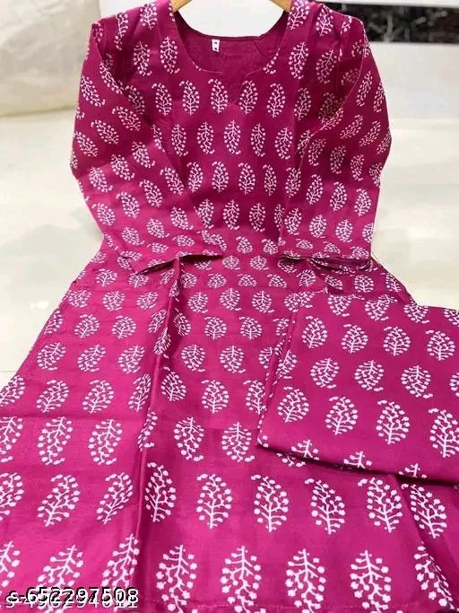 Pink Printed Cotton Straight Kurta Set for Women with Comfortable Matching Pants, Daily Wear Ethnic Suit for Office - Image 2