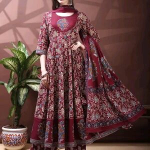 Wine Pure Cotton Embroidered & Floral Printed Anarkali Kurta with Pant & Dupatta