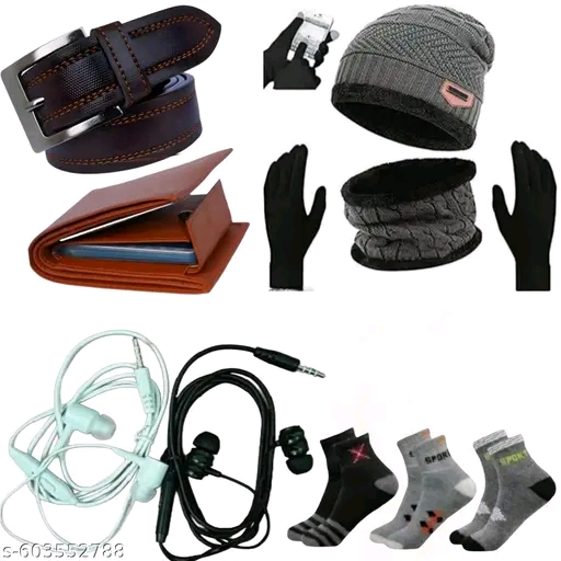 Latest trendy winter special Combo offer Buy trendy belt get wallets two wires earphones with noise cancelling 3 pair socks winter cap with touch gloves free