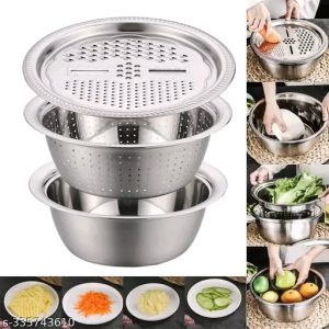 3 in 1 Stainless Steel Basin Grater Colander with Lids, Salad Mixing Bowls with Strainers, Cheese Cutter Slicer Basket for Vegetables, Rice, Food Washing, Shredding Set for Cooking (Set of 3)