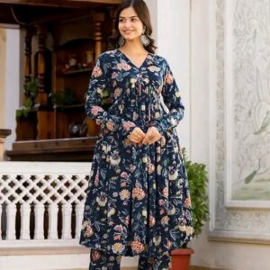 Stylish Cotton Floral Anarkali Kurta with Pant & Dupatta Set