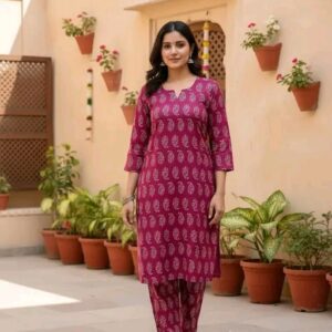 Pink Printed Cotton Straight Kurta Set for Women with Comfortable Matching Pants, Daily Wear Ethnic Suit for Office