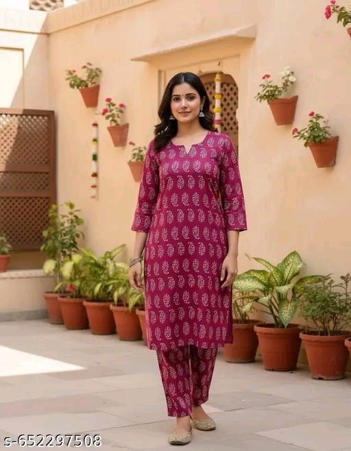 Pink Printed Cotton Straight Kurta Set for Women with Comfortable Matching Pants, Daily Wear Ethnic Suit for Office