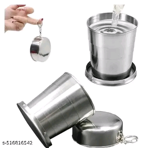 Navkar Novelty Presents 150ML Leak-Proof Foldable Stainless Steel Collapsible Cup –Expandable Travel Shot Glass with Keychain for Camping, Hiking, Picnic & Outdoor Drinking (Silver, 1 Pc)