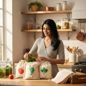 DNkitch 6 Bags 100% Cotton Fridge Drawstring Bags Eco-Friendly Natural Vegetables Storage Mesh Net for Fridge Multi-Purpose Cotton Bag