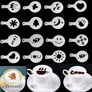 Vamor Set of 16 Pcs Creative Nice Coffee Stencil Coffee Template Strew Spray Art Stencils (Random Color Available) Chocolate Design | Milk | Cake | Cupcake Stencil Set
