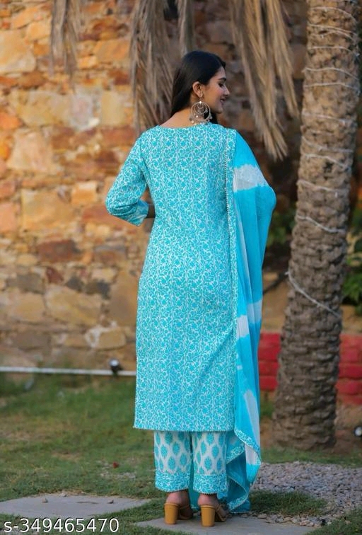 Women's Rayon Printed Aqua Blue Kurti with Pant and Dupatta Set - Image 3