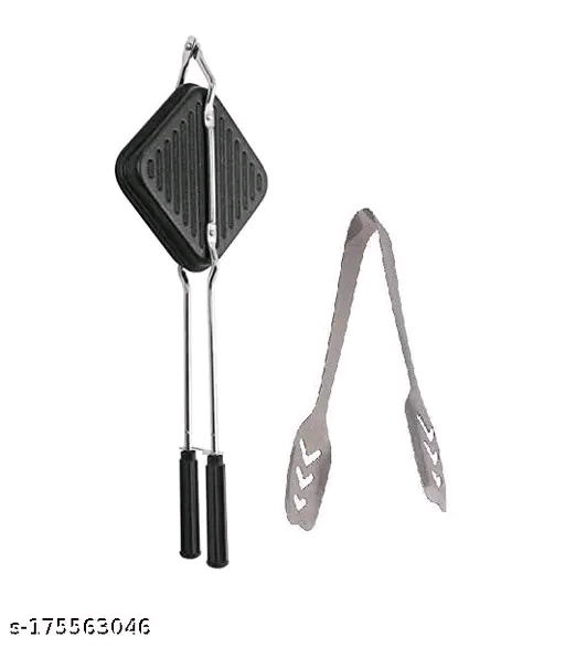 Non-Stick Gas Toaster Sandwich Maker | Regular Grill Sandwich Maker - Black and Steel Roti Chimta (Pack of 2)