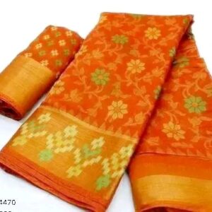 Brasso Print Cotton Linen Zari Orange color Women Saree