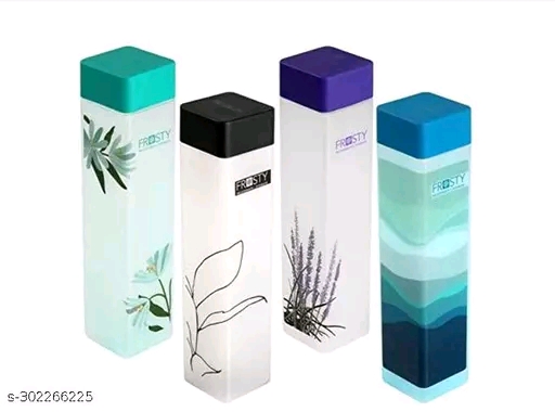 Printed 4 Different Pattern Design Food Grade Plastic Square Water Bottle 950ML, Pack of 6 pcs - Image 2
